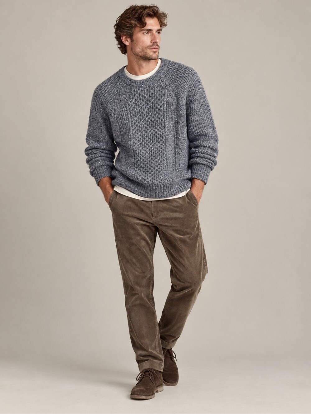 MADWELL Donegal Cable Knit Wool Blend Fisherman Sweater Blue Gray XL